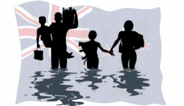 NZ family walking out of their home during a flood. NZ flag in the back ground