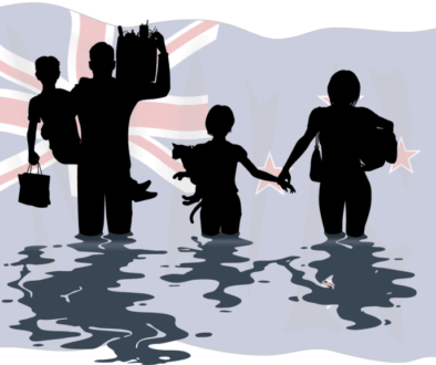 NZ family walking out of their home during a flood. NZ flag in the back ground
