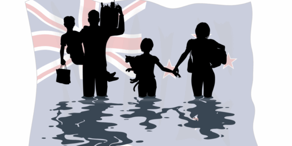 NZers in Crisis NZ family walking out of their home during a flood. NZ flag in the back ground